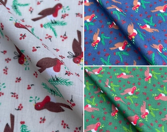 Rockin Robin Xmas Poly Cotton Printed Oeko Tex Standard Soft Fabric Bags Crafts Children's Kids Fancy Dress Home Decorations | 45" - 114cm