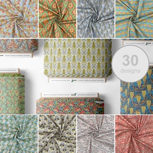 Könnte beinhalten: Eine Sammlung von Stoffmustern mit verschiedenen floralen und geometrischen Mustern in einer Vielzahl von Farben. Das Bild enthält einen Kreis mit dem Text "30 designs". Die Stoffe sind von Discover Lifestyle & Fashion Fabrics.