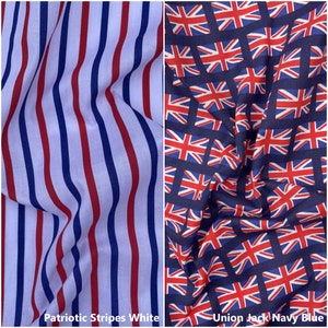 May include: Two fabric swatches, one with red and blue stripes on a white background labeled "Patriotic Stripes White" and the other with a repeating pattern of Union Jack flags on a navy blue background labeled "Union Jack Navy Blue".