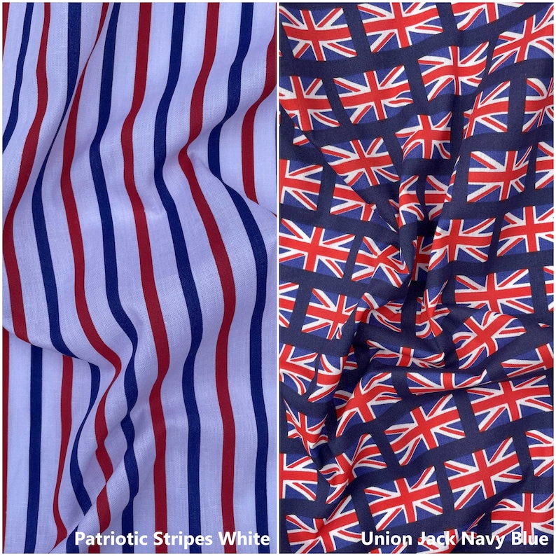 May include: Two fabric swatches, one with red and blue stripes on a white background labeled "Patriotic Stripes White" and the other with a repeating pattern of Union Jack flags on a navy blue background labeled "Union Jack Navy Blue".