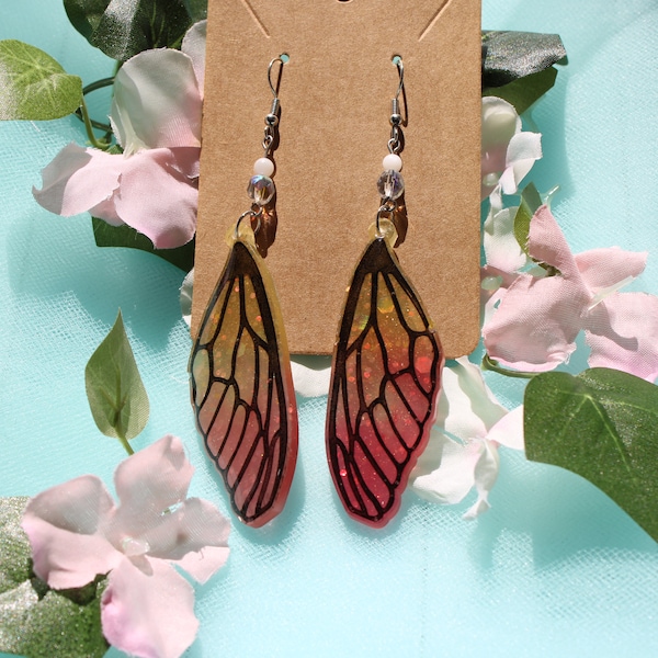 Monarch Butterfly Orange and Red Wing Resin Dangle Earrings Stainless Steel