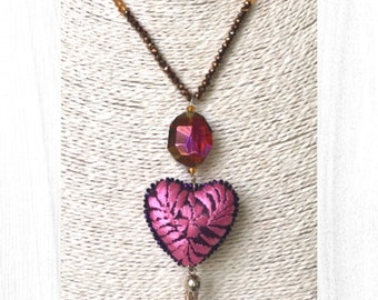 Handmade Mexican Embroidered Heart Necklace, Handmade Jewelry