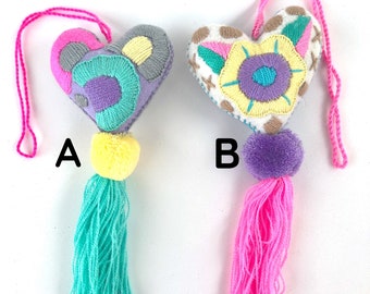 Handmade Felt Heart. Tassel Keychain. Mexican Keychain. Multicolor Mexican Tassel for Purse. Mexican Accessories
