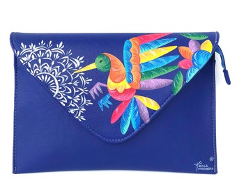 Hand-Painted Leather Clutch from Mexico – Blue Hummingbird Purse | Colorful Mexican Art Bag | Handmade Gift for Her | Holiday Boho Clutch