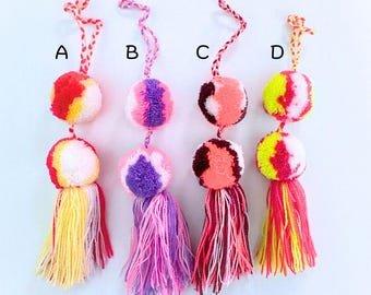 Bright Mexican Pom pom tassel, Pompom Bag charm, Party supplies, Mexican party decor, Boho charm, party favors, Bag Accessories