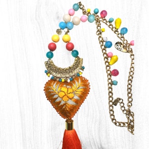 Embroidered handmade Necklace, heart necklace, handmade necklace, Mexican necklace