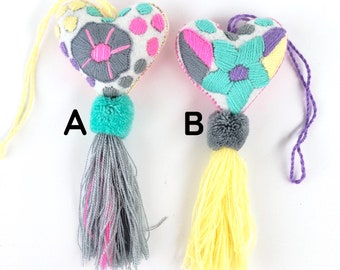 Mexican Bag Charms Felt Hearts. Mexican Pom Pom. Handmade tassels. Pom Pom with tassels. Mexican decorations. Mexican charms