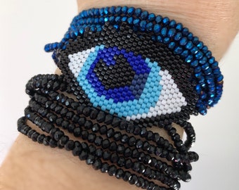 Handmade Evil Eye Beaded Bracelet – Blue & Black Boho Protection Jewelry | Adjustable Seed Bead Cuff | Beaded Evil Eye Gift for Her