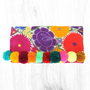 Multi Pom Pom Handgestickte Clutch, Mexikanische Geldbörse, Over the Shoulder Geldbörse