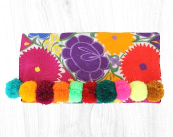 Multi Pom Pom Handmade Embroidered Clutch, Mexican Purse, Over the Shoulder Purse
