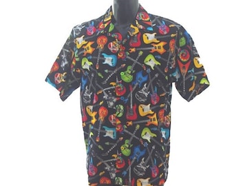 Guitars in blue, red, green and yellow men's casual shirt with retro styling