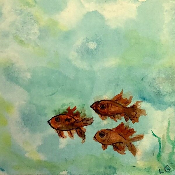 Miniature Art Print, Three Little Fishies - An ACEO Art Print fish, pond, lake - Plus an easel!