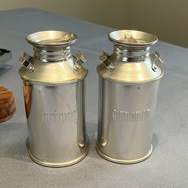 Cinnamon and Nutmeg Shakers -1970s Aluminum Milk Can Design -Perfect To Go With Salt and Pepper Shakers