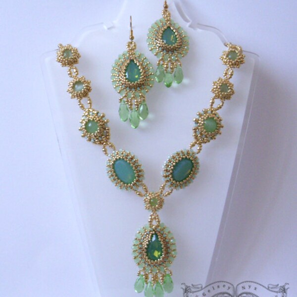40% off - Raphaela - Handmade Green Opal Crystal Glass Cabochones and 24kt Gold Light Plated seed beads Jewelry Set - Necklace and Earrings