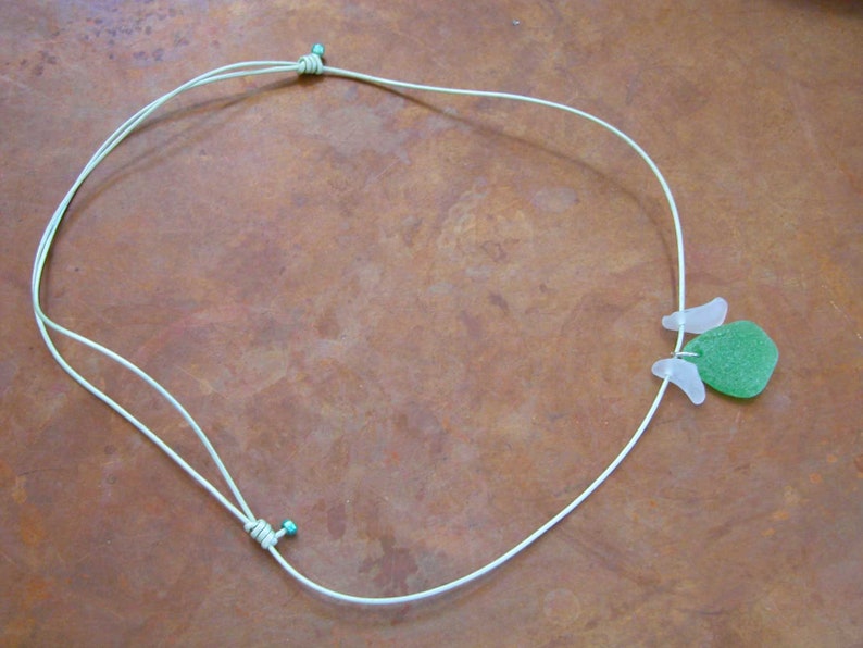 Green /& White Sea Glass and Leather Necklace