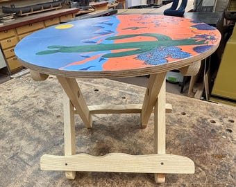 Handmade Folding Southwestern Table | Hand-Painted Desert Scene by Artist Tom Minor | Cocktail, Patio & Picnic Table