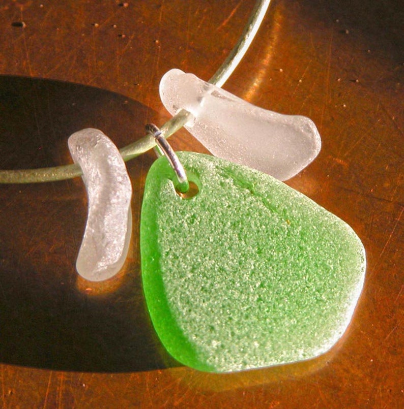 Green /& White Sea Glass and Leather Necklace