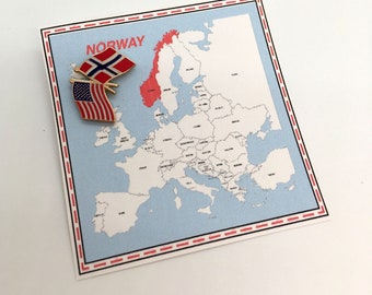 May include: A map of Europe with the country of Norway highlighted in red. A pin with the American and Norwegian flags is placed on Norway.