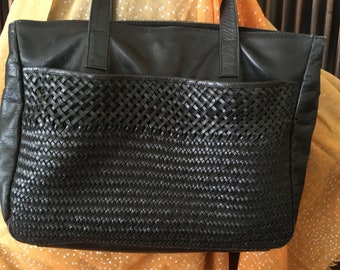 Kenneth Cole Black Leather Tote / Purse / Laptop Bag