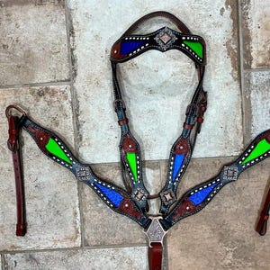Lime Green & Blue Alligator Inlay Buckstitch Bridle Breast Collar Set Western Rodeo Barrel Trail
