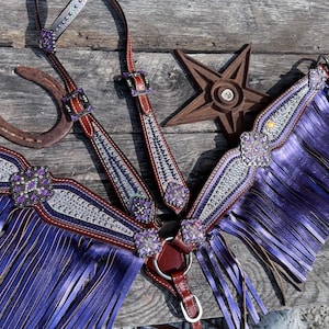 Purple & Clear Crystal Bridle Breast Collar Tack Set w Fringe ~  Western Horse Show Trail Barrels Rodeo Parade