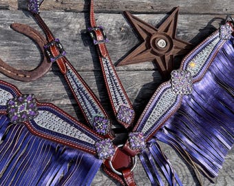 May include: A brown leather horse bridle and breast collar set featuring purple fringe, silver-toned hardware, and decorative square conchos embedded with clear and purple crystals. The leather straps are accented with rows of small silver studs.