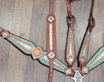 Orange Clear Crystal w Mint Bridle Breast Collar Wither Strap Set ~  Western Horse Show Trail Barrels