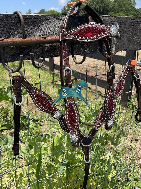 Ruby Red Crimson Crystal Horse Bridle Breast Collar: Dark Brown Leather Western Show Set
