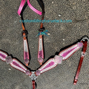 One Double Ear Pink & Clear Crystals Bridle Breast Collar Set with Crystal Conchos ~  Western Horse Show Trail Barrels