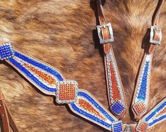 Orange & Sapphire Blue Crystal Bridle Breast Collar Set Rodeo Barrels Bling