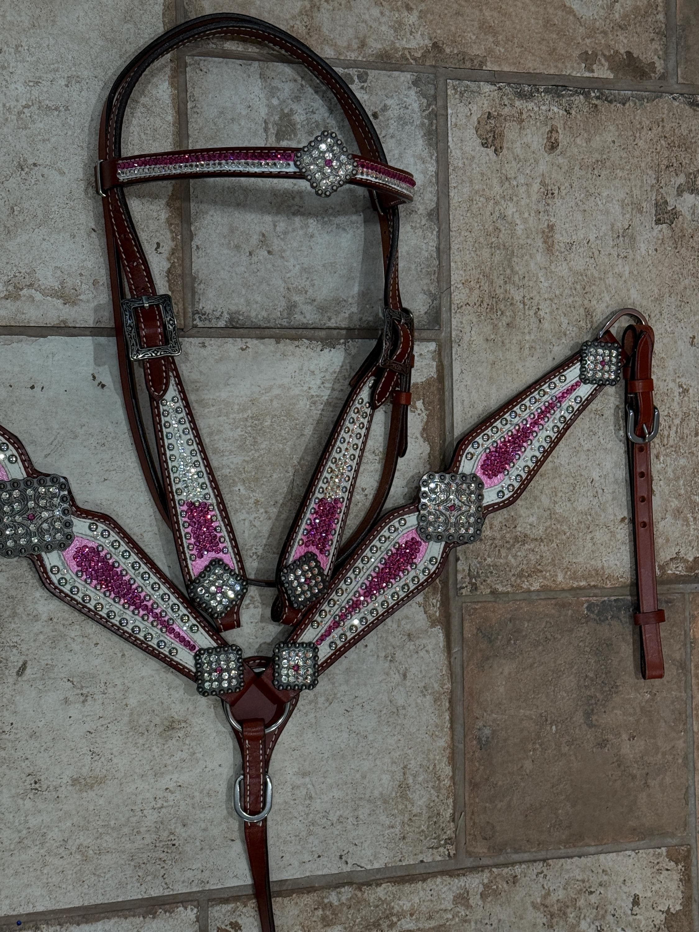 Full Brow Pink Crystal Bling Horse Western Tack Set Bridle Breast