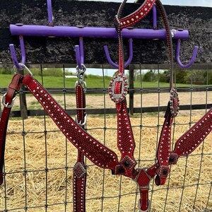 May include: Red leather horse tack set with silver-tone studs and accents. The set includes a headstall, breast collar, and reins. The tack is hanging on a purple rack against a wire fence.