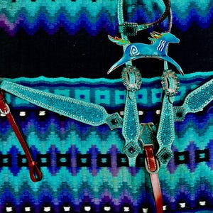 Turquoise Crystal Horse Bridle Breast Collar Set: Black Accent Conchos