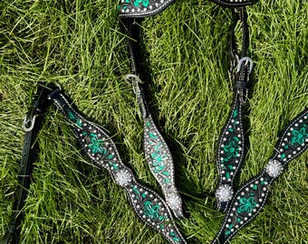 May include: Black leather horse bridle with green floral embroidery and silver accents. The bridle is laid out on a bed of green grass.