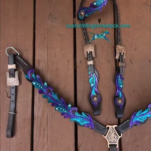 Türkises & Lila ausgebogtes Leder Western Zaum Set Tack Set Westernpferd