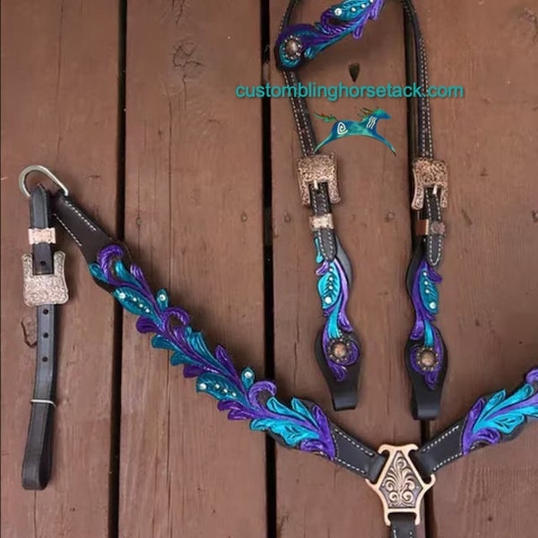 Teal & Purple Accent Bridle Breast Collar Set Western Horse
