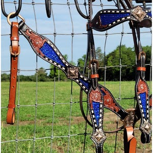 Sapphire Royal Blue Crystal Inlay Western Horse Buckstitch Bridle Breast Collar Set