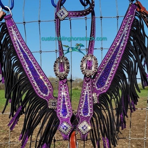 Purple & Clear Crystal Bridle Breast Collar Set~ Western Horse Show Trail Barrels