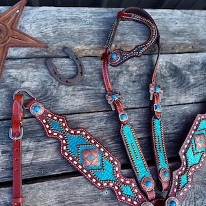 Teal Alligator Inlay Bridle Breast Collar Set Western Horse Barrel