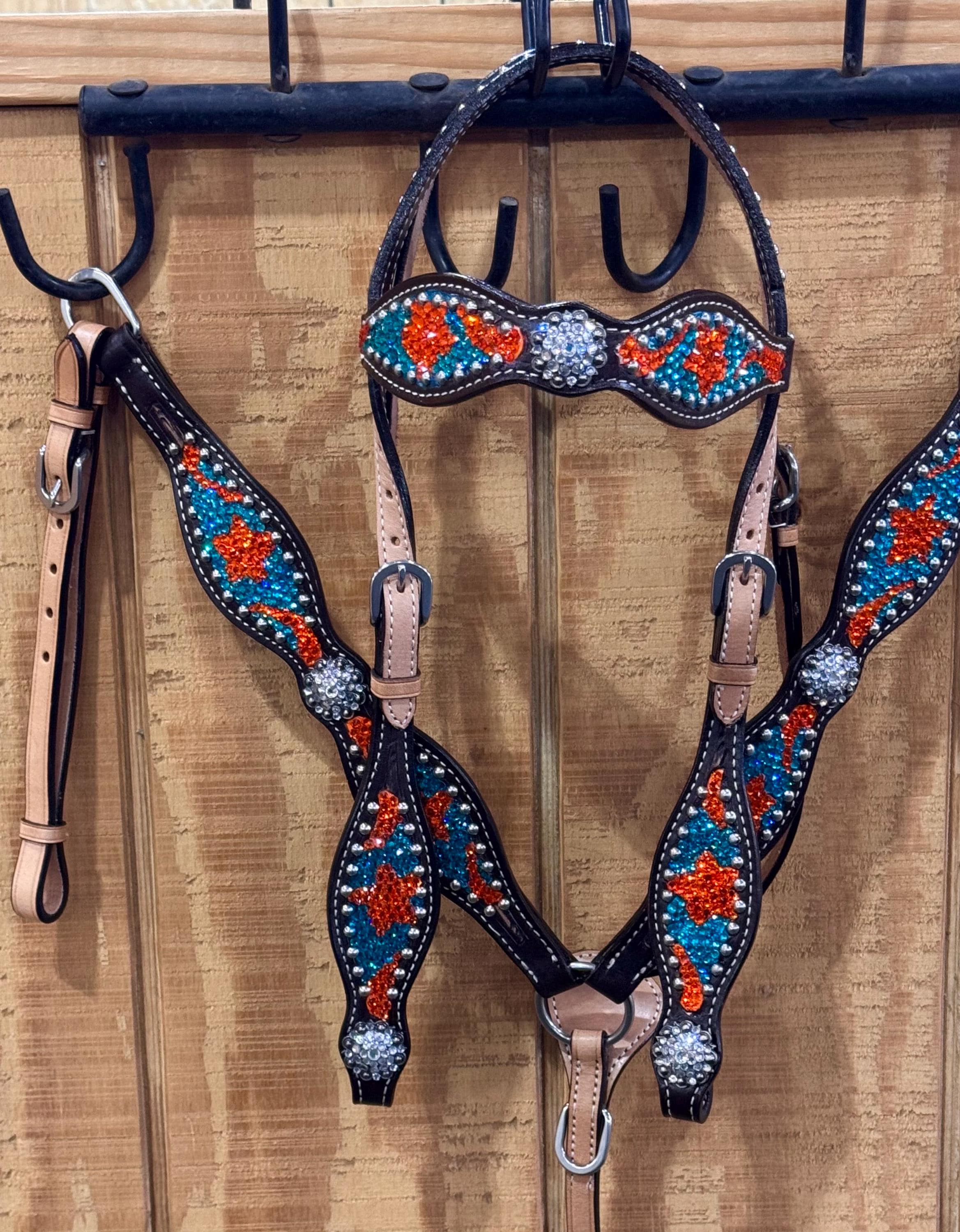 Turquoise Blue & Coral Orange Crystal Bridle Breast Collar Set Western Barrels