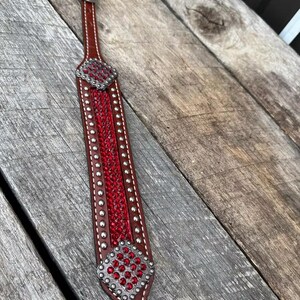 May include: A brown leather horse bridle with red jewel accents and silver studs. The bridle features a central red woven design and decorative silver-toned metal pieces. The top has a silver buckle.