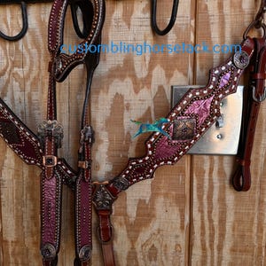 Burgundy Alligator Inlay Buckstich Zaumzeug Set ~ Crystal Conchos Western Horse Show Track Barrel