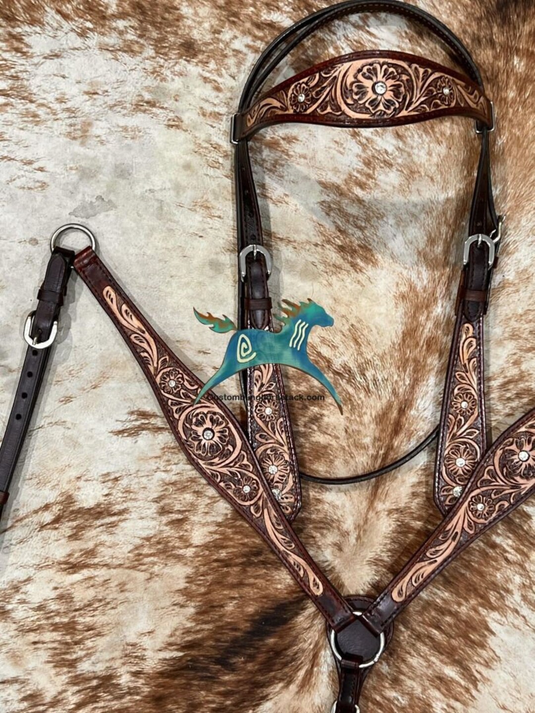 2 Tone Tooled Leather Bridle Breast Collar Set Horse Show Trail Barrels