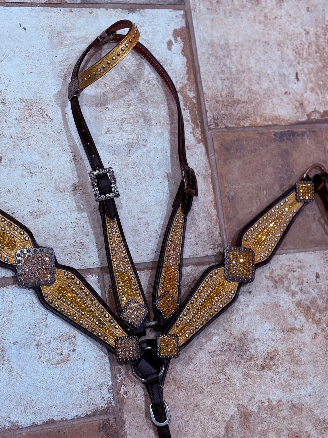 Gold & Black Leather Rhinestone Bling Bridle Breast Collar Tack Set - Etsy