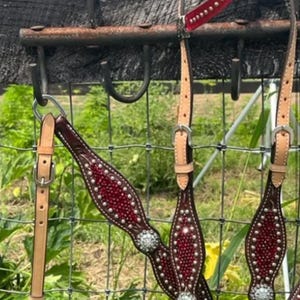 Ruby Red Crystal One Ear Bling Bridle Breast Collar Set Barrels Horse Show Trail