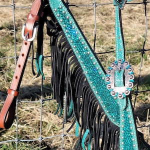 Turquoise Blue Crystal w Fringe Bridle Breast Collar Set Western Rodeo Barrel