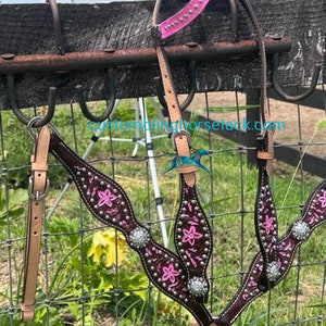 One Ear Pink Accent Bridle Breast Collar Set Two Tone Brown Leather