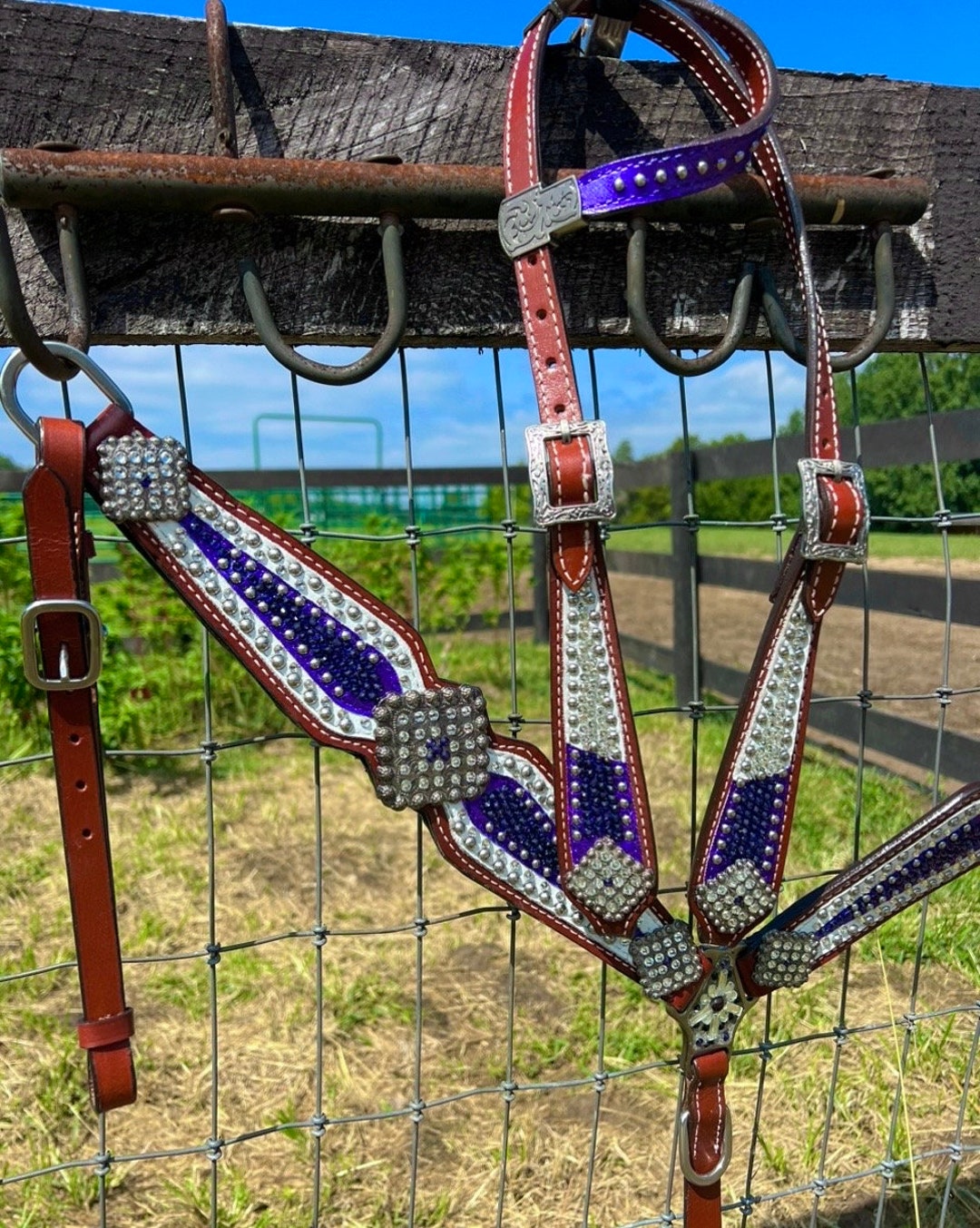 Purple & Clear Crystal Bridle Breast Collar Set Western Horse Show
