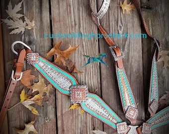 Mint Orange & Clear Crystal Bridle Breast Collar Set ~ Western Horse Show Trail Barrels