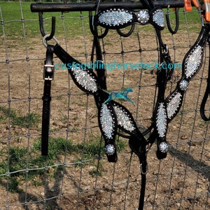 Black Leather Scalloped Clear Crystal Bridle Breast Collar Set